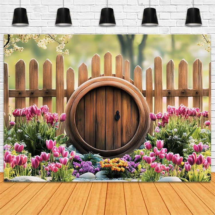 Photo Backdrops Easter Tulip Garden Rustic Fence Backdrop UK BRP12-729