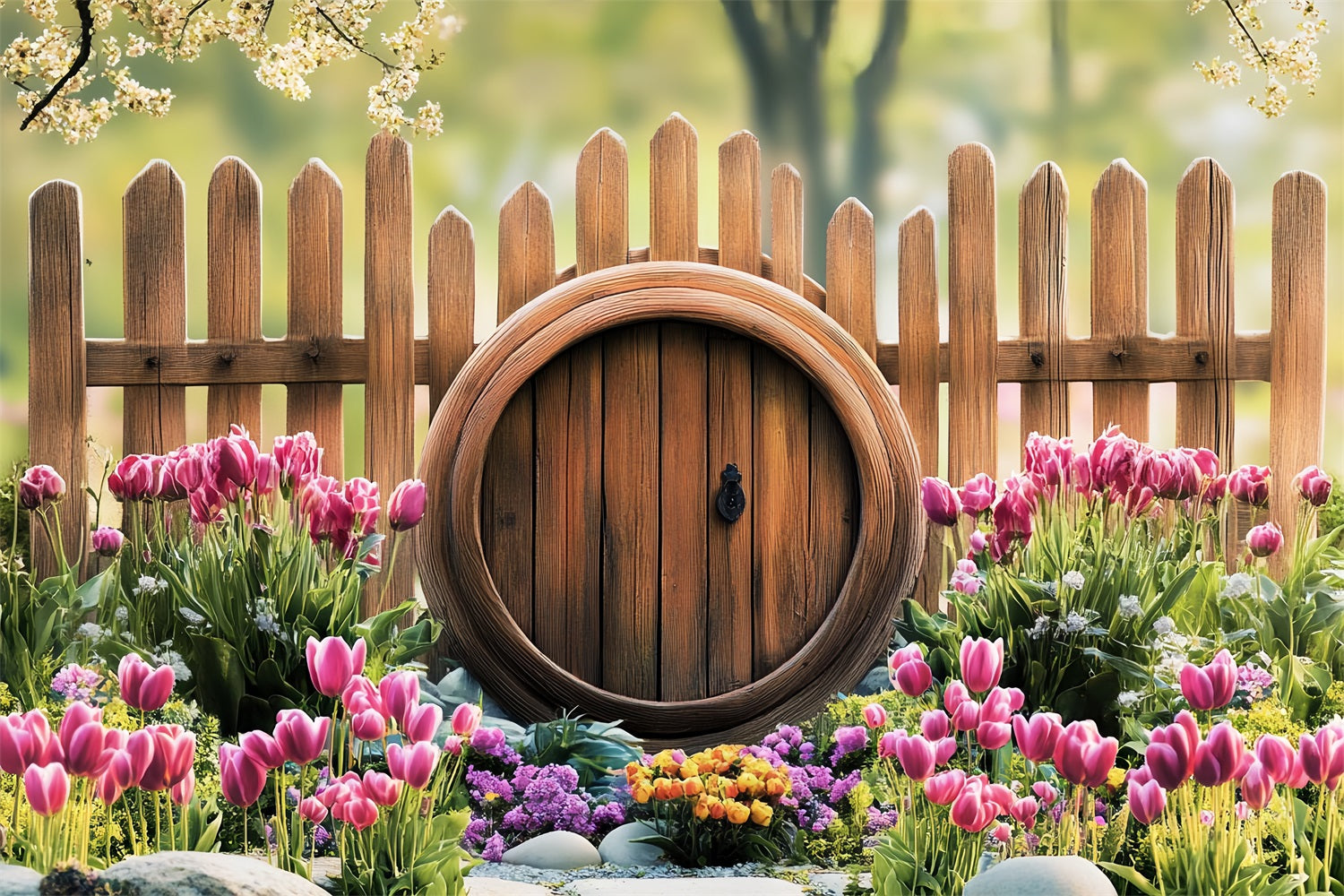 Photo Backdrops Easter Tulip Garden Rustic Fence Backdrop UK BRP12-729