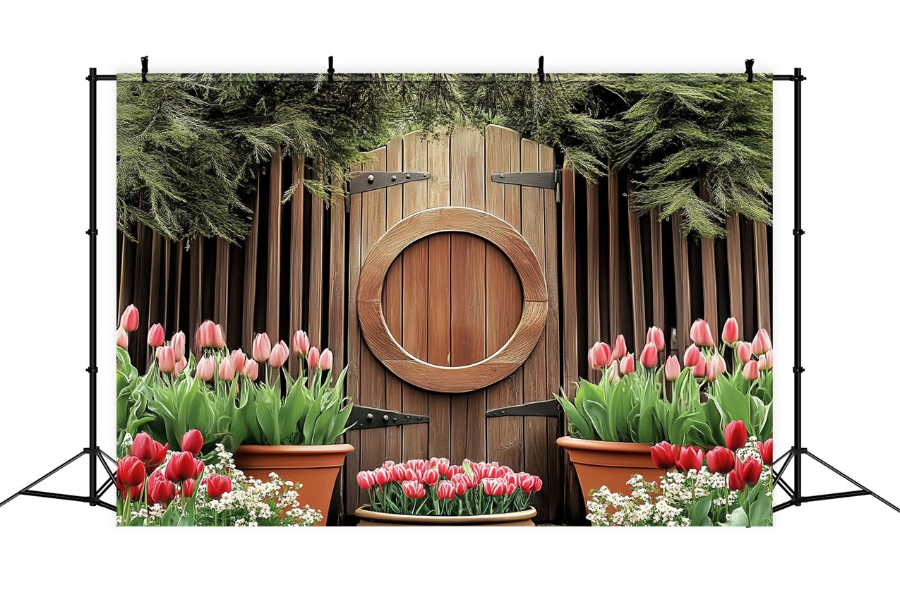 Easter Backdrops Wooden Circle Door Blooming Tulips Backdrop UK BRP12-730