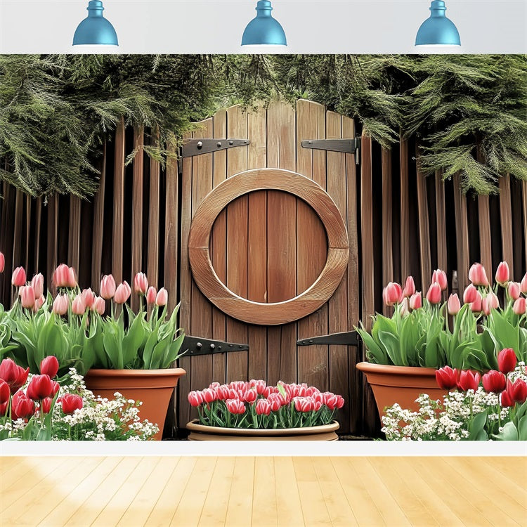 Easter Backdrops Wooden Circle Door Blooming Tulips Backdrop UK BRP12-730