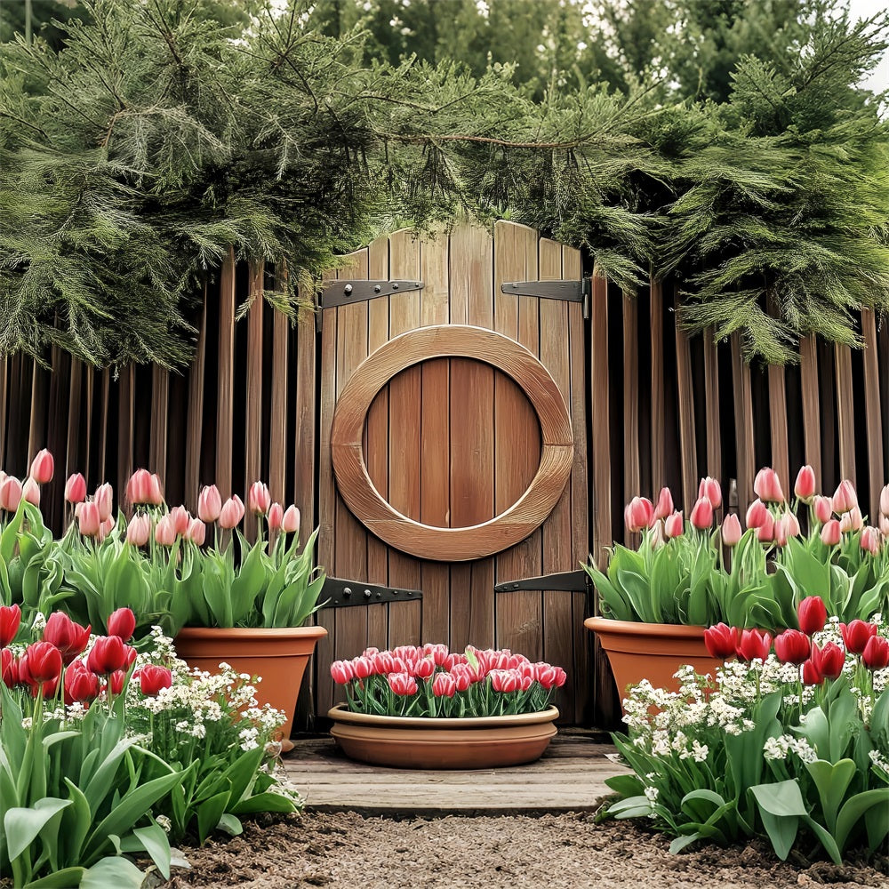 Easter Backdrops Wooden Circle Door Blooming Tulips Backdrop UK BRP12-730