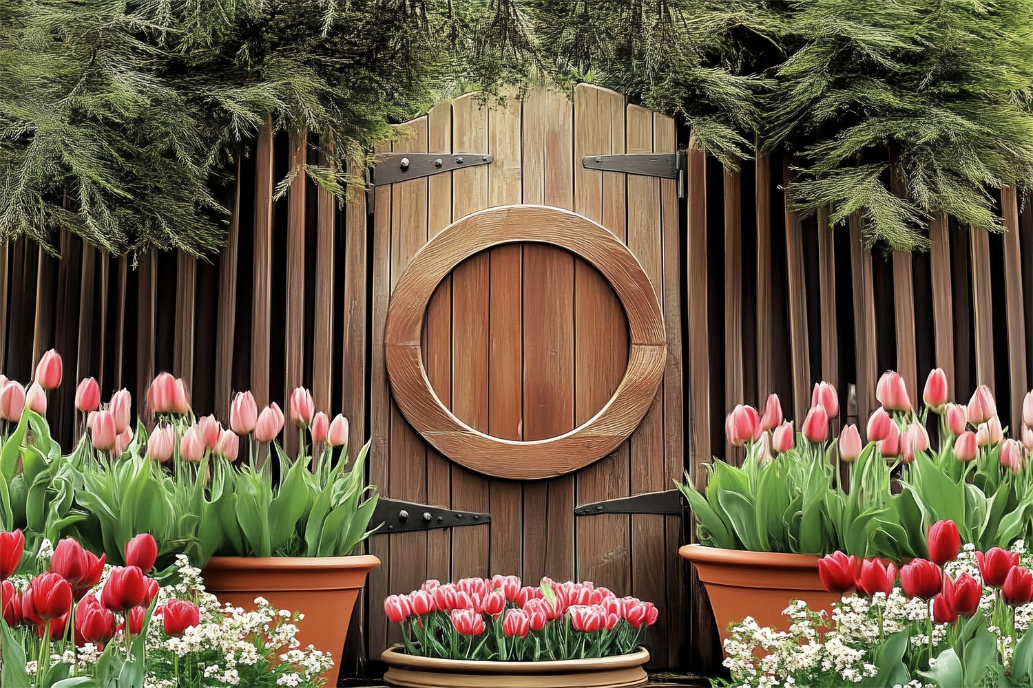 Easter Backdrops Wooden Circle Door Blooming Tulips Backdrop UK BRP12-730