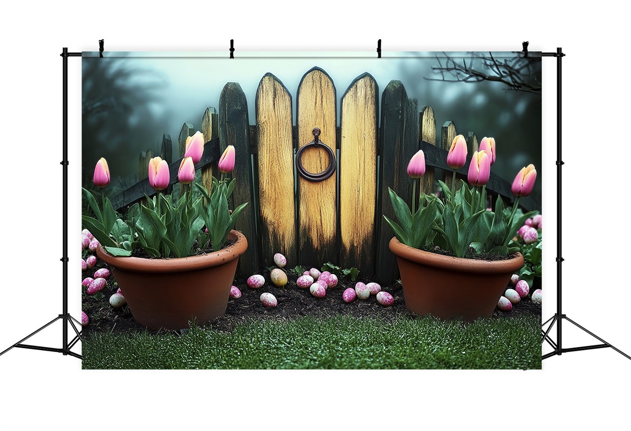 Easter Backdrop Rustic Garden Fence Pink Tulips Backdrop UK BRP12-731