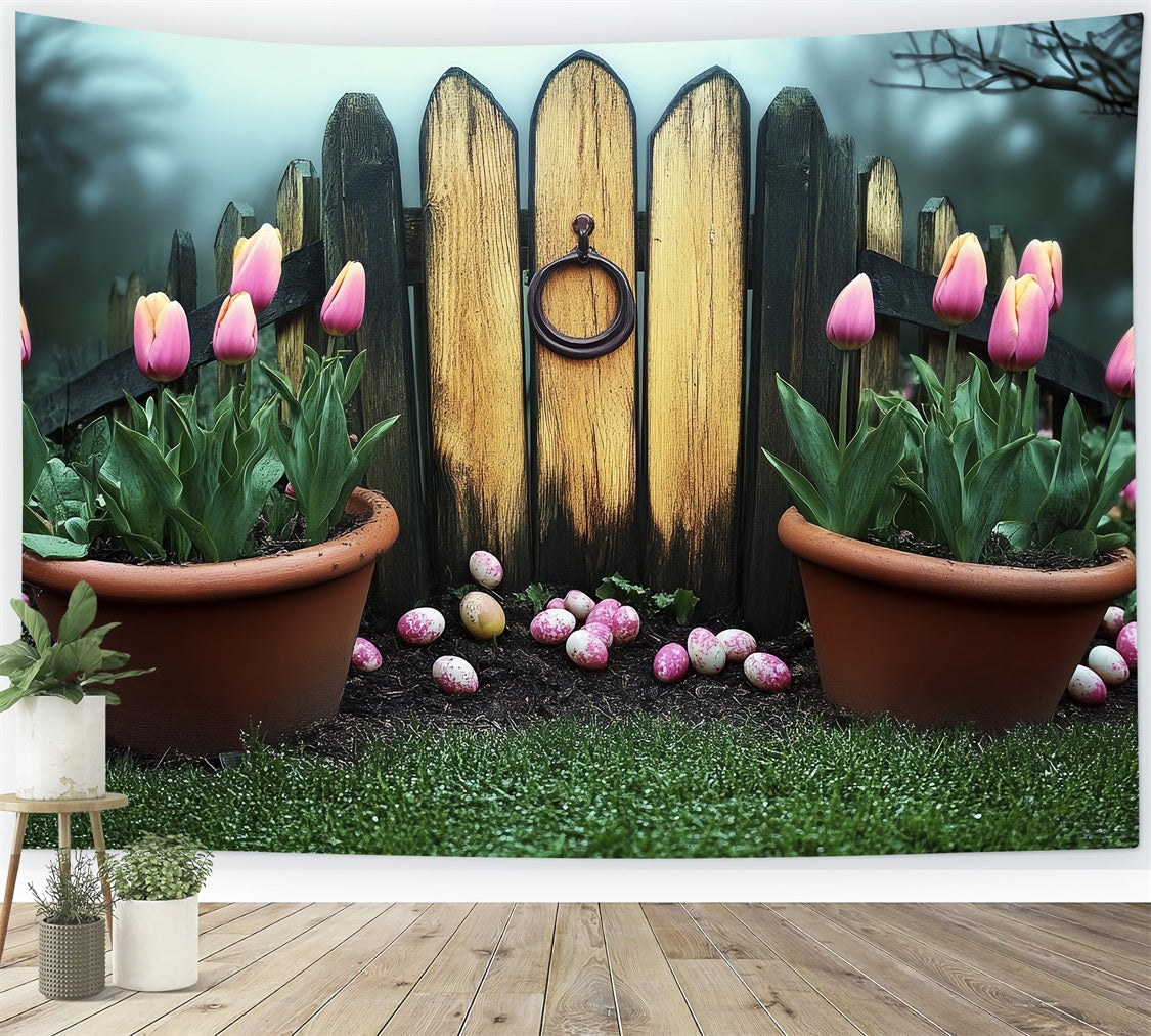 Easter Backdrop Rustic Garden Fence Pink Tulips Backdrop UK BRP12-731