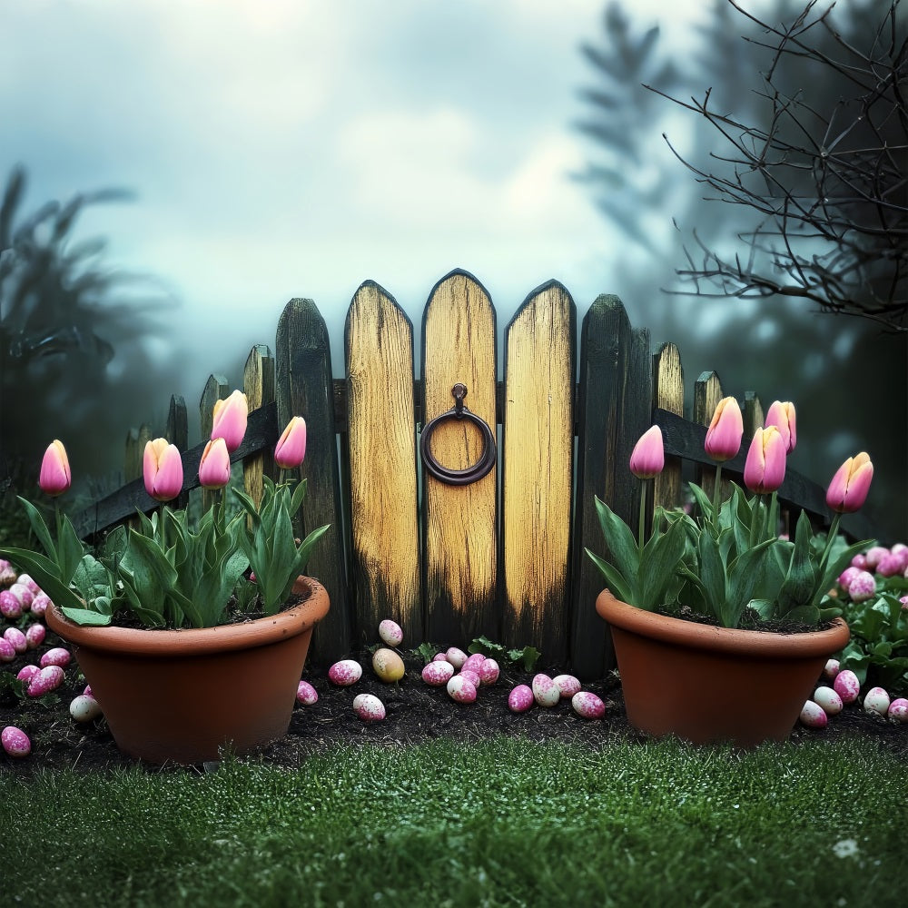 Easter Backdrop Rustic Garden Fence Pink Tulips Backdrop UK BRP12-731