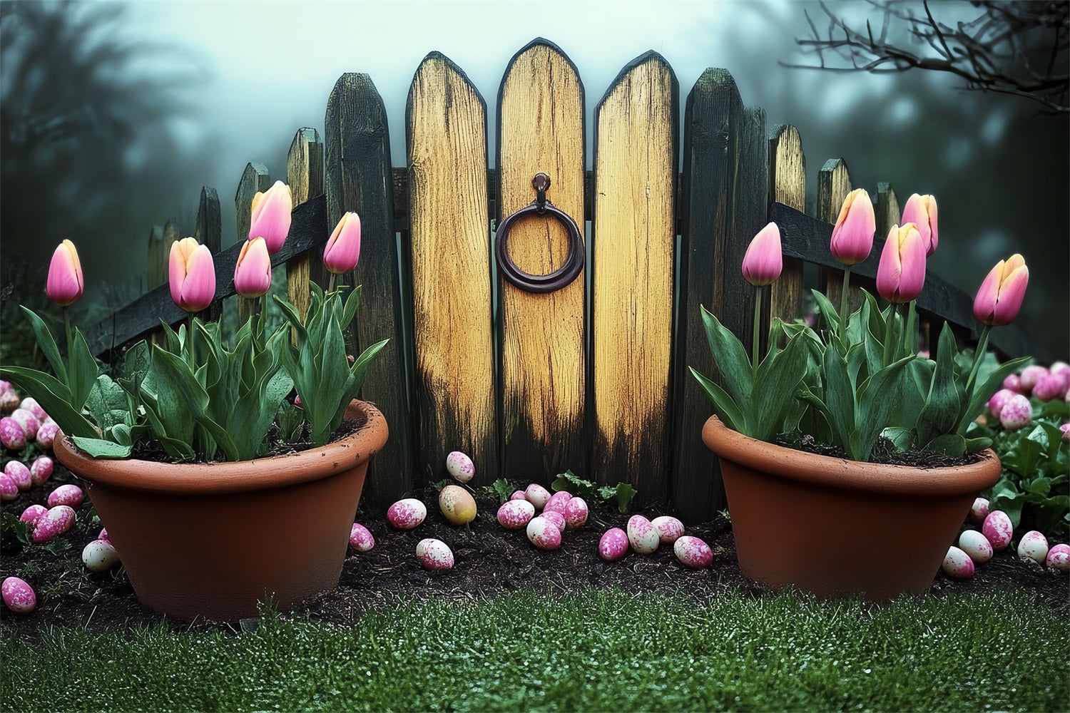 Easter Backdrop Rustic Garden Fence Pink Tulips Backdrop UK BRP12-731