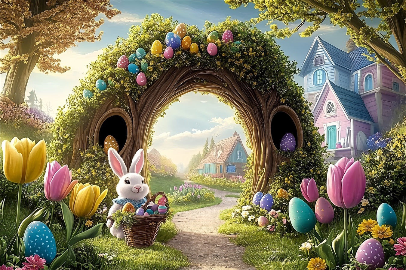 Easter Egg Backdrop Vibrant Tulip Garden Bunny Backdrop UK BRP12-737