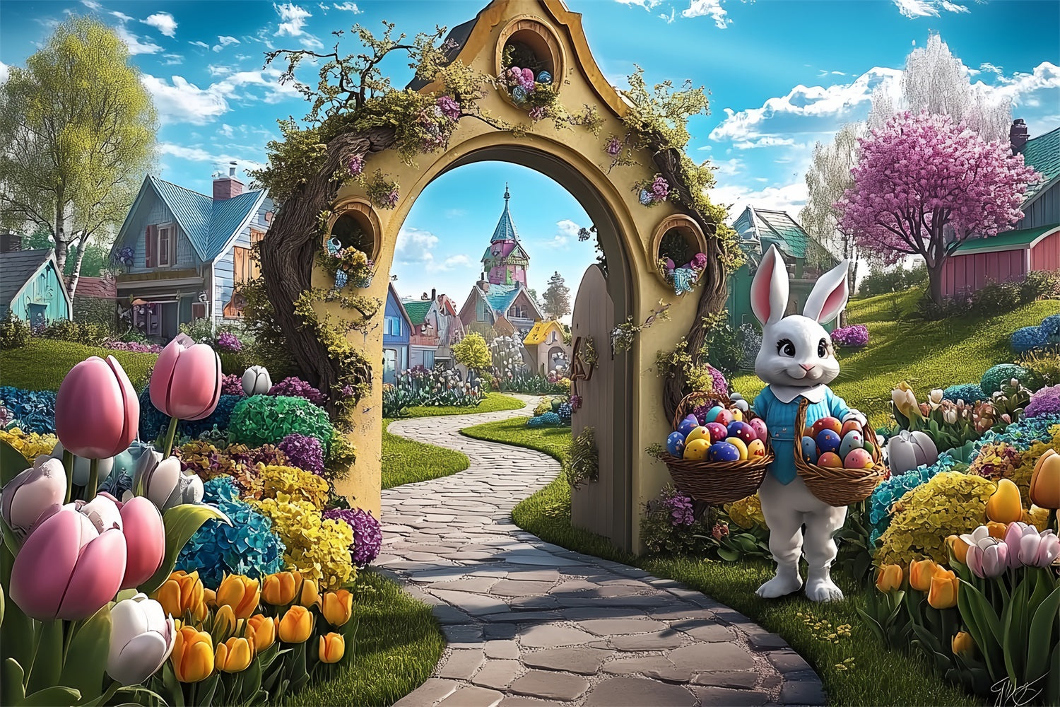 Easter Photo Backdrop Bunny Village Path Arch Backdrop UK BRP12-738