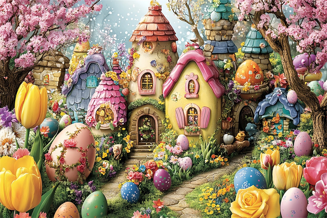 Easter Egg Backdrop Colorful Village Fairy Tale Backdrop UK BRP12-743