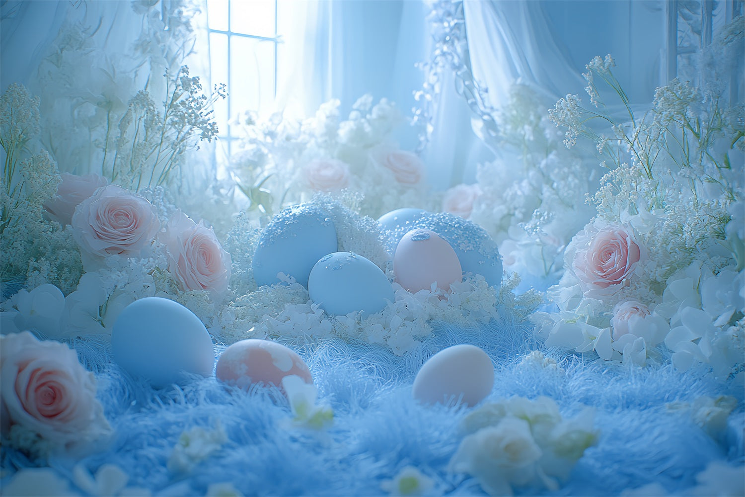 Backdrop Easter Blue Blossoms Eggs Window Backdrop UK BRP12-752