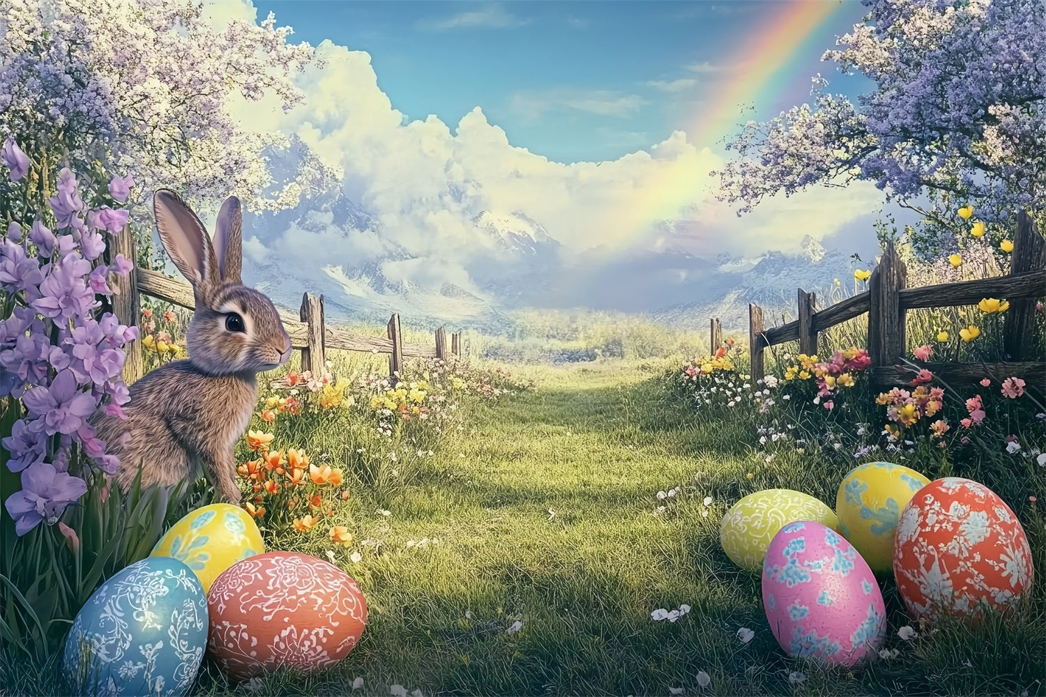 Easter Bunny Photo Backdrop Springtime Rainbow Egg Field Backdrop UK BRP12-754