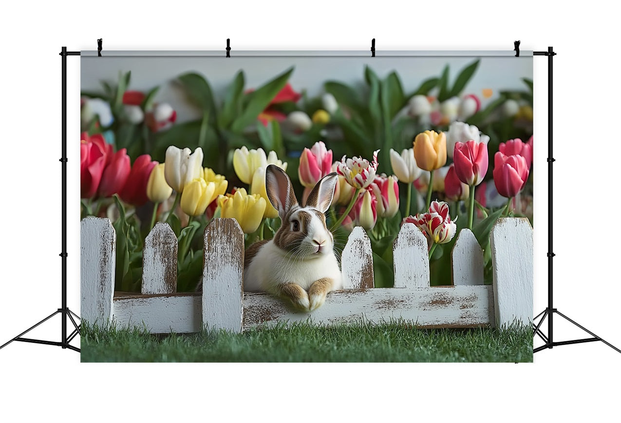 Simple Easter Backdrop Bunny Tulips Rustic Fence Backdrop UK BRP12-757