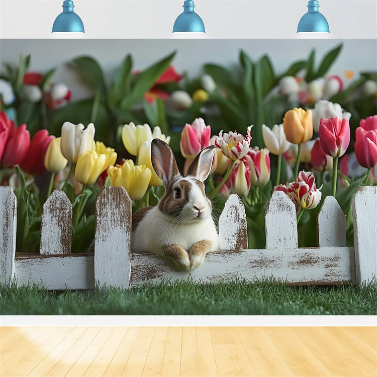 Simple Easter Backdrop Bunny Tulips Rustic Fence Backdrop UK BRP12-757