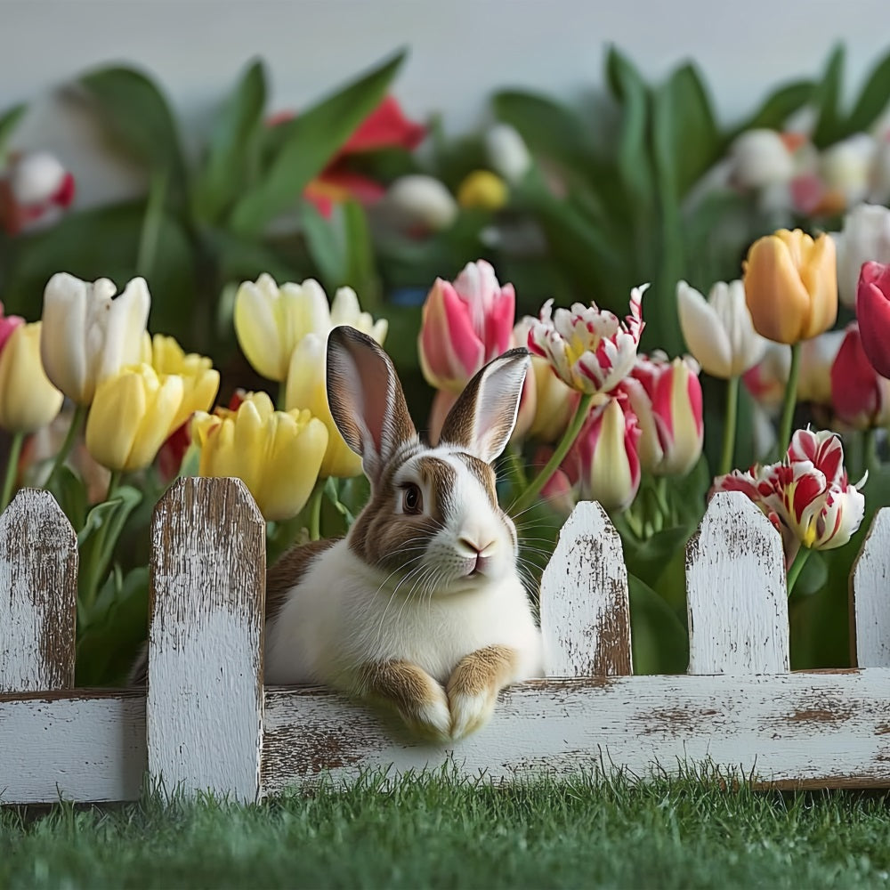 Simple Easter Backdrop Bunny Tulips Rustic Fence Backdrop UK BRP12-757