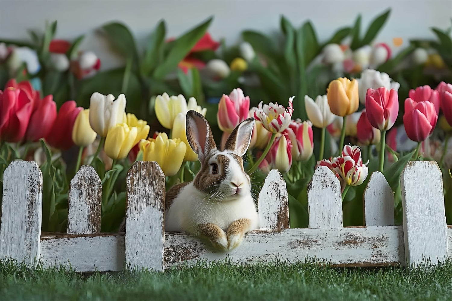 Simple Easter Backdrop Bunny Tulips Rustic Fence Backdrop UK BRP12-757