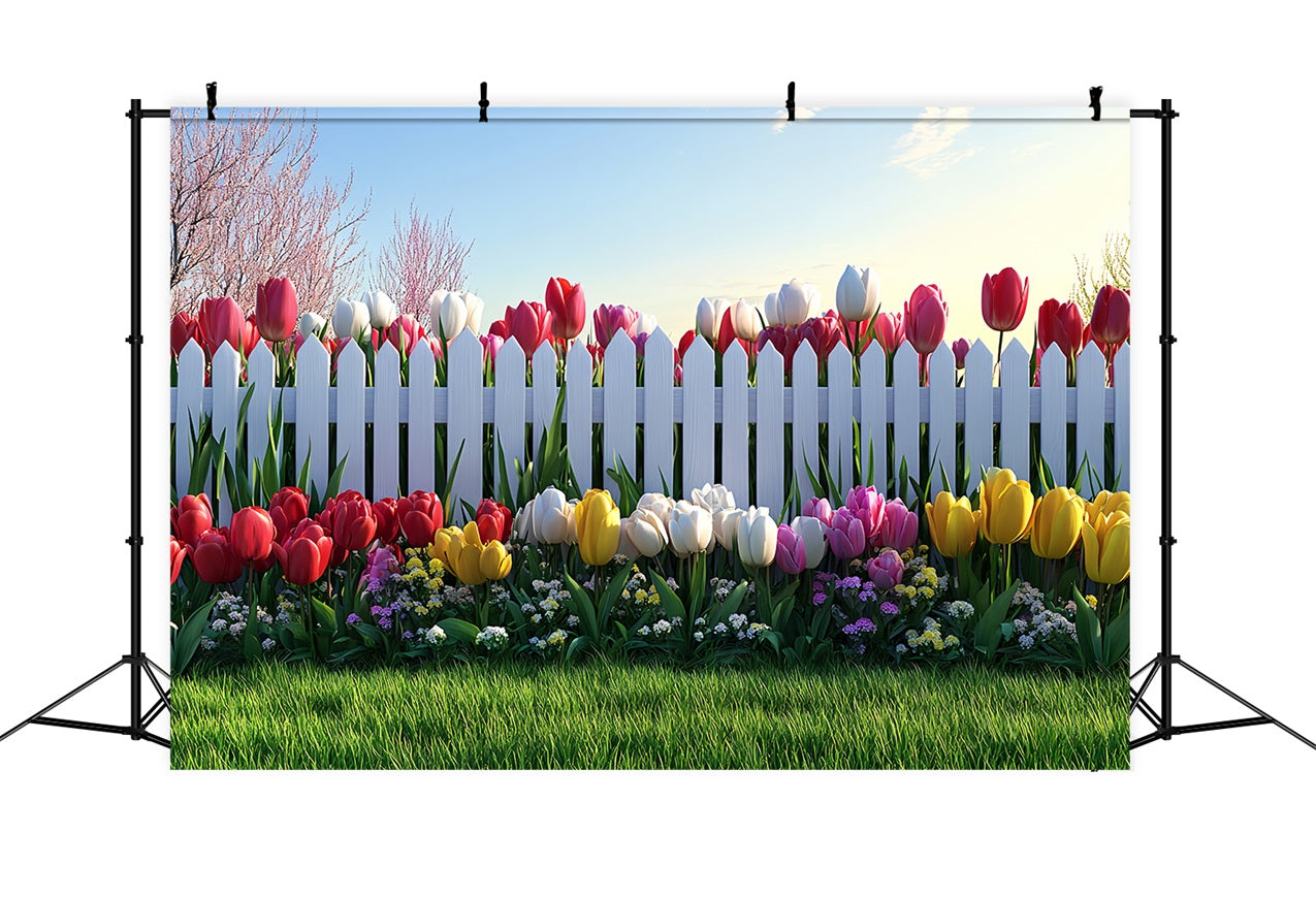 Photography Backdrop Easter White Fence Tulip Garden Backdrop UK BRP12-758