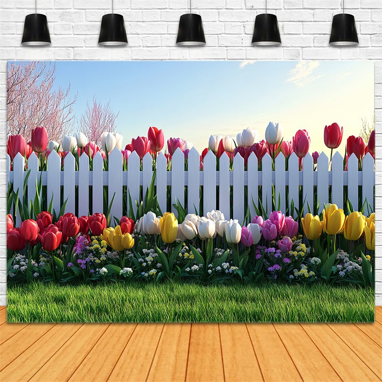 Photography Backdrop Easter White Fence Tulip Garden Backdrop UK BRP12-758