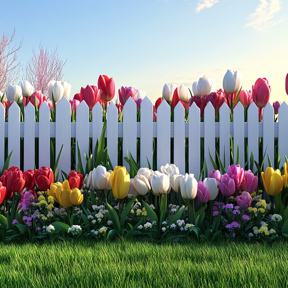 Photography Backdrop Easter White Fence Tulip Garden Backdrop UK BRP12-758