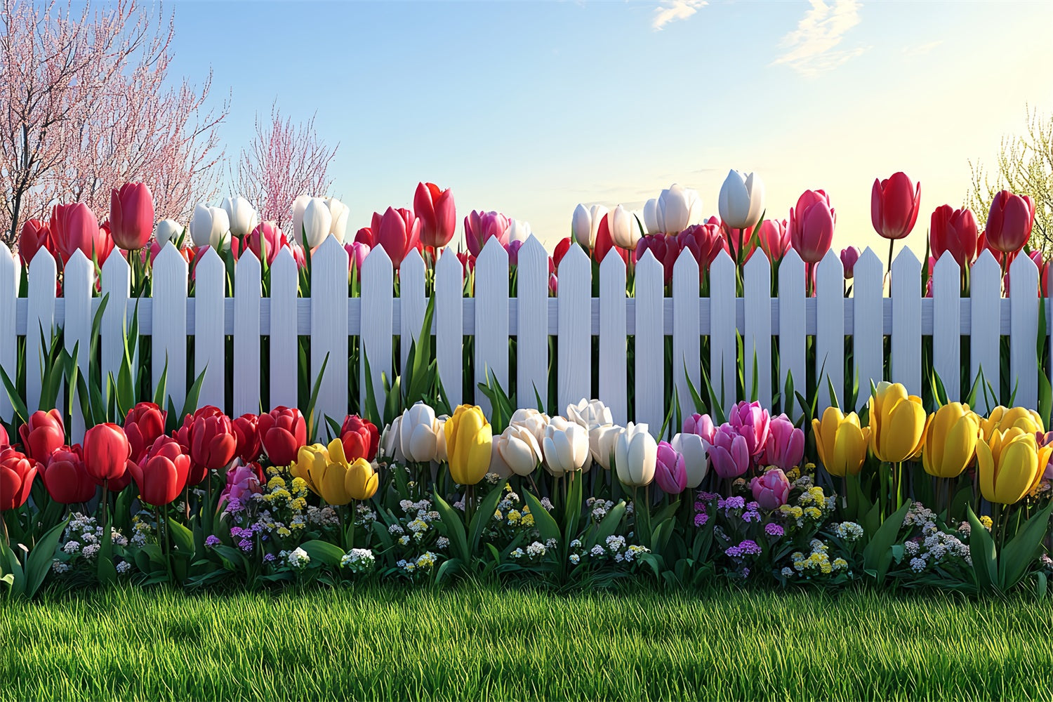 Photography Backdrop Easter White Fence Tulip Garden Backdrop UK BRP12-758