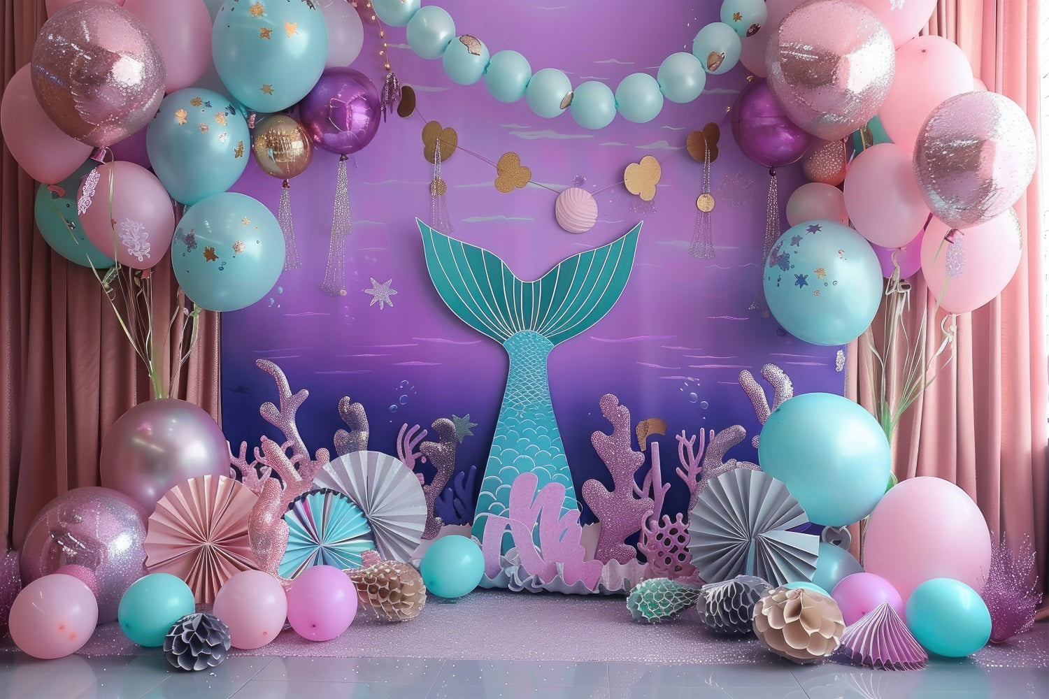 Mermaid Party Backdrop Fantasy Balloon Decor Backdrop UK BRP12-79