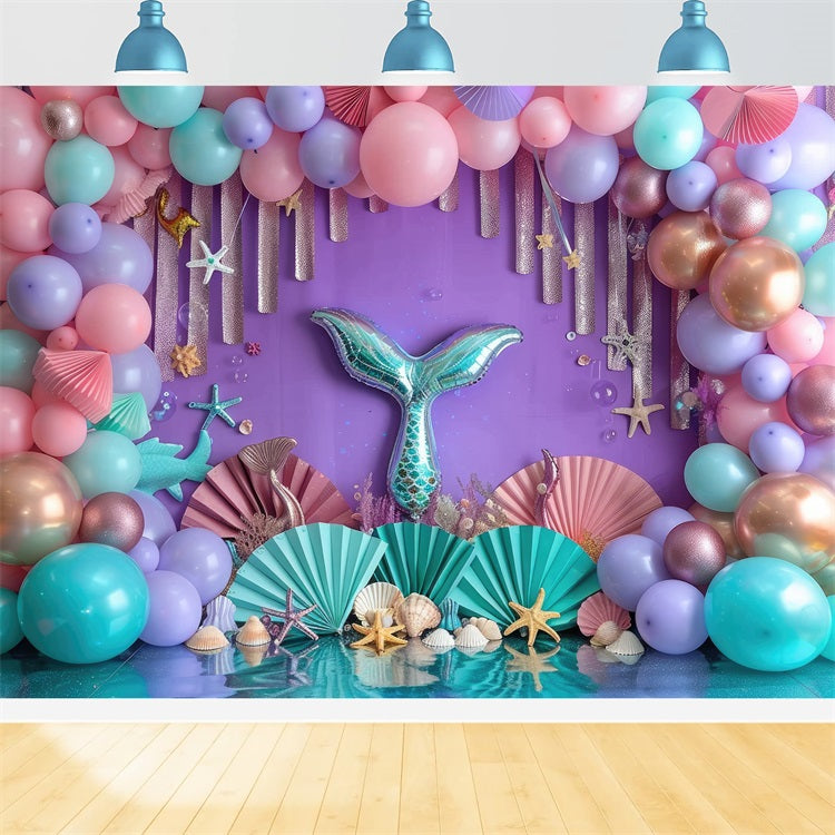 Little Mermaid Backdrop Colorful Balloons Arch Starfish Backdrop UK BRP12-85