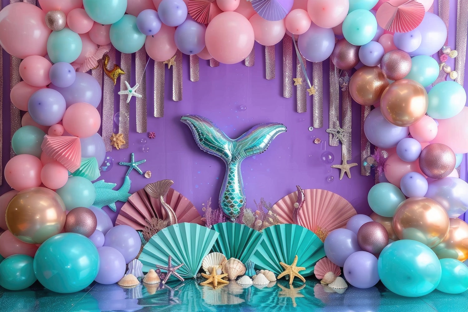 Little Mermaid Backdrop Colorful Balloons Arch Starfish Backdrop UK BRP12-85