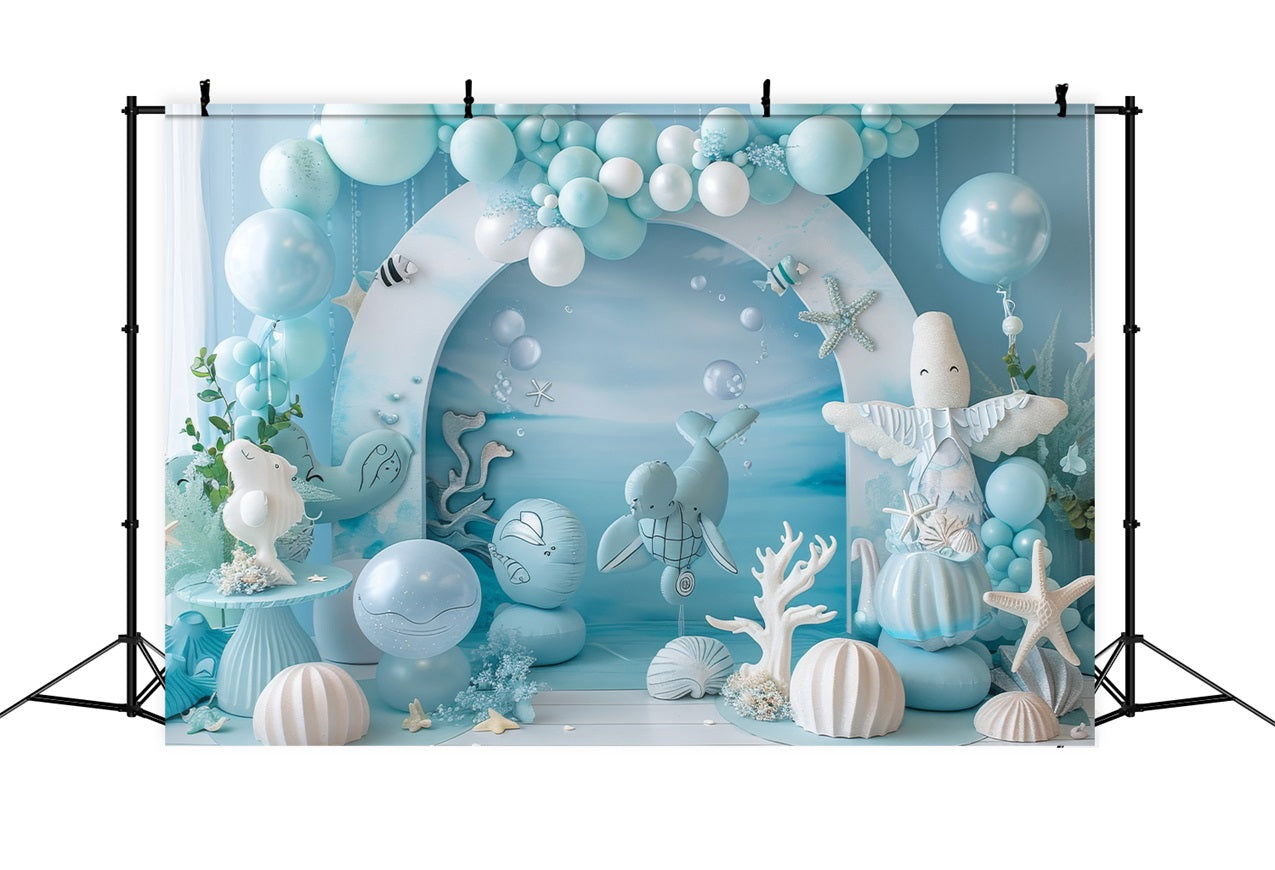 Mermaid Birthday Backdrop Oceanic Creatures Blue Balloon Backdrop UK BRP12-90