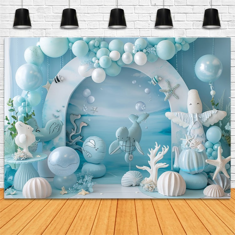 Mermaid Birthday Backdrop Oceanic Creatures Blue Balloon Backdrop UK BRP12-90