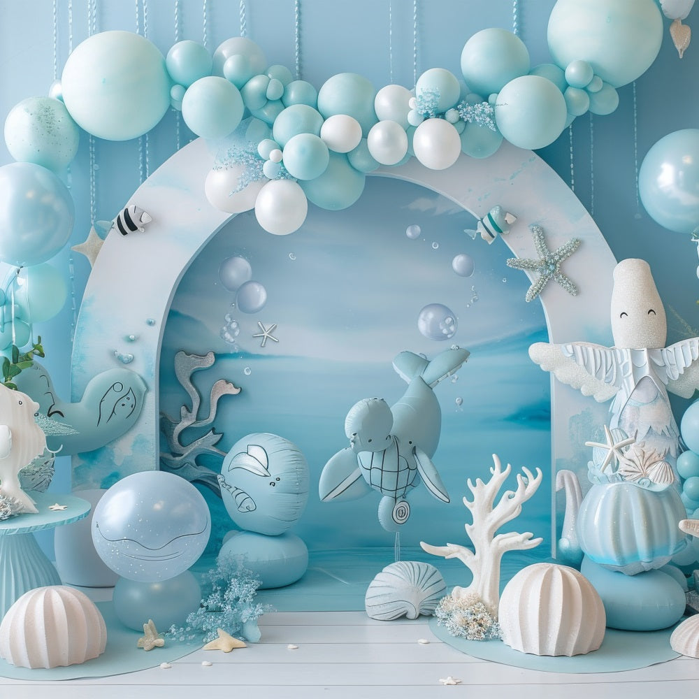 Mermaid Birthday Backdrop Oceanic Creatures Blue Balloon Backdrop UK BRP12-90