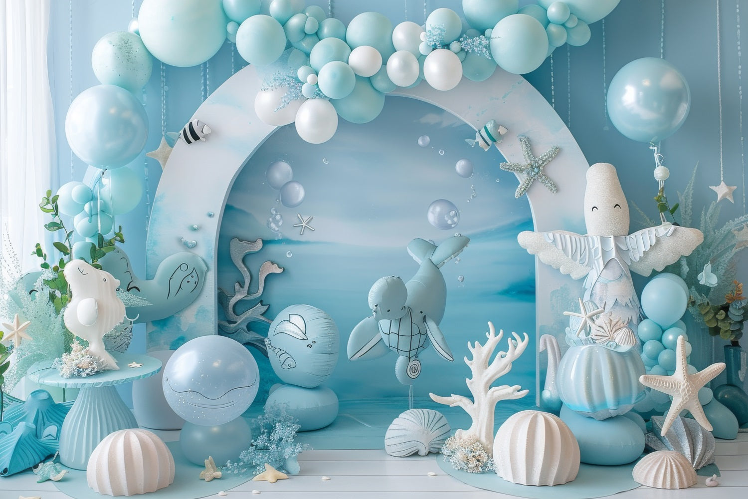 Mermaid Birthday Backdrop Oceanic Creatures Blue Balloon Backdrop UK BRP12-90