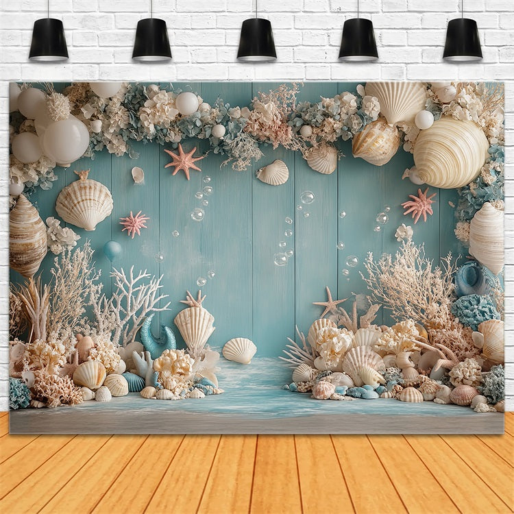 Mermaid Backdrop Oceanic Creatures Seashell Balloon Flower Backdrop UK BRP12-98