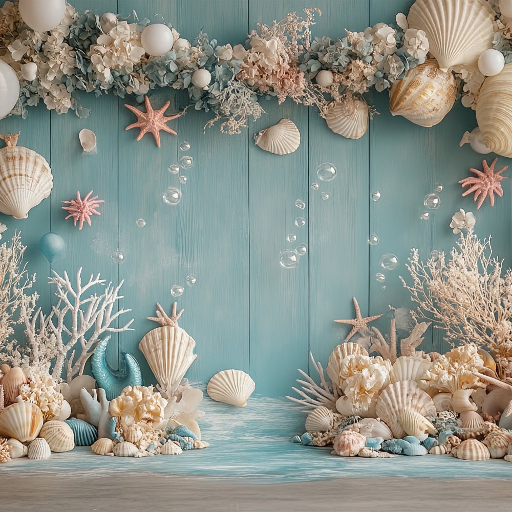 Mermaid Backdrop Oceanic Creatures Seashell Balloon Flower Backdrop UK BRP12-98