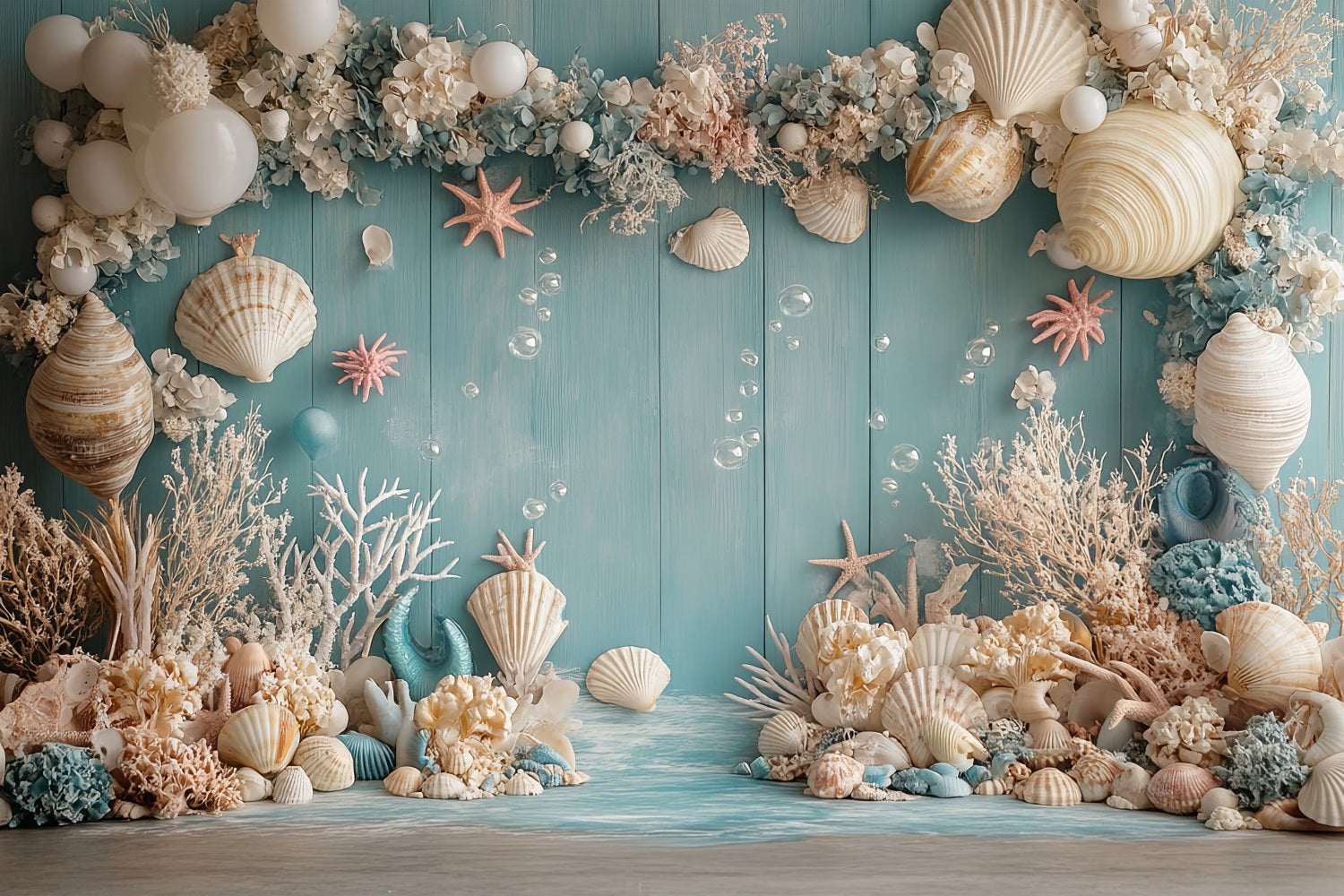 Mermaid Backdrop Oceanic Creatures Seashell Balloon Flower Backdrop UK BRP12-98