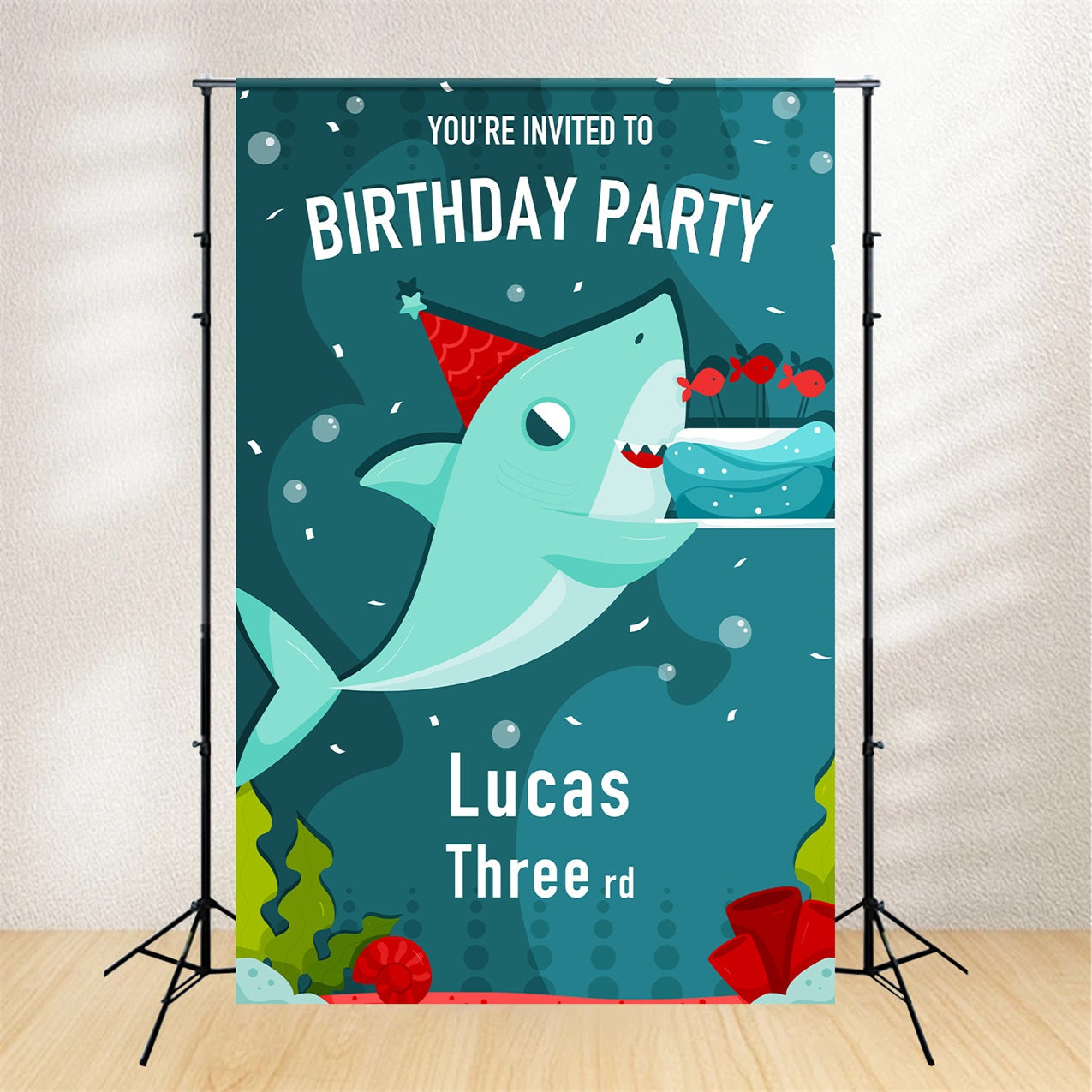 Personalised Birthday Backdrop 3rd Cartoon Shark Backdrop UK BRP2-107