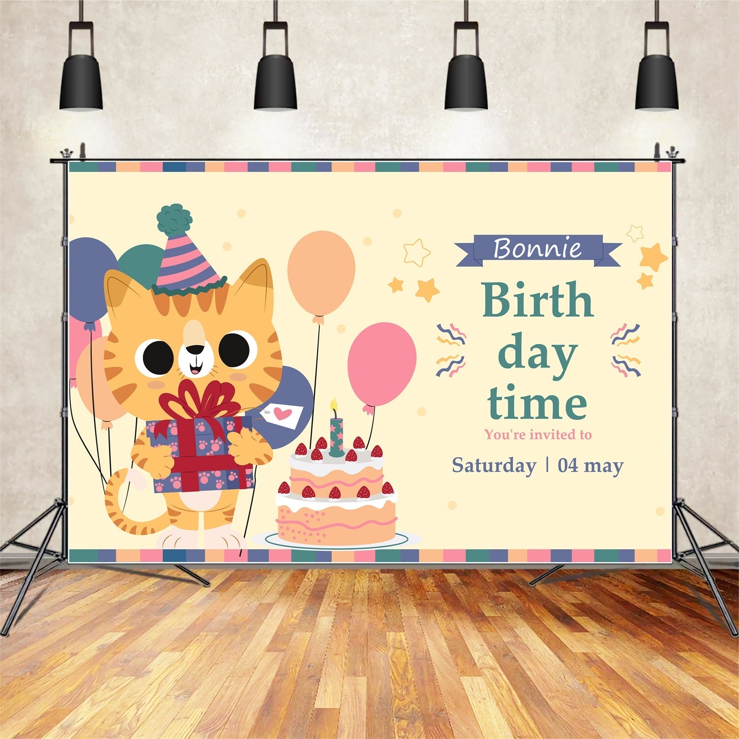 Custom Birthday Backdrop Cat Balloon Gift Party Backdrop UK BRP2-110