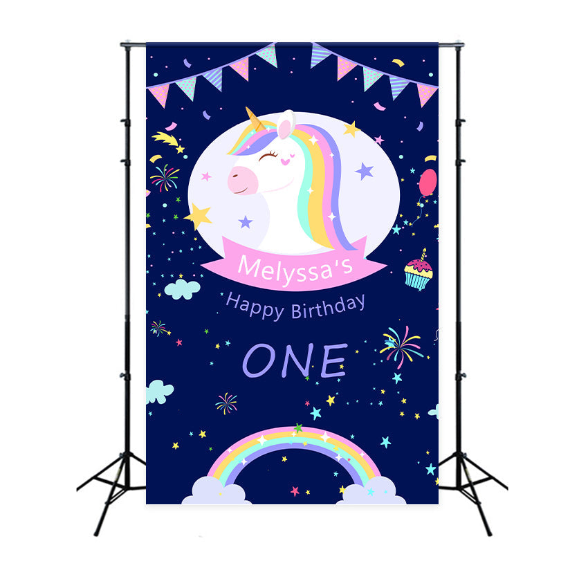 Personalised 1st Birthday Backdrop Rainbow Sparkle Unicorn Backdrop UK BRP2-113