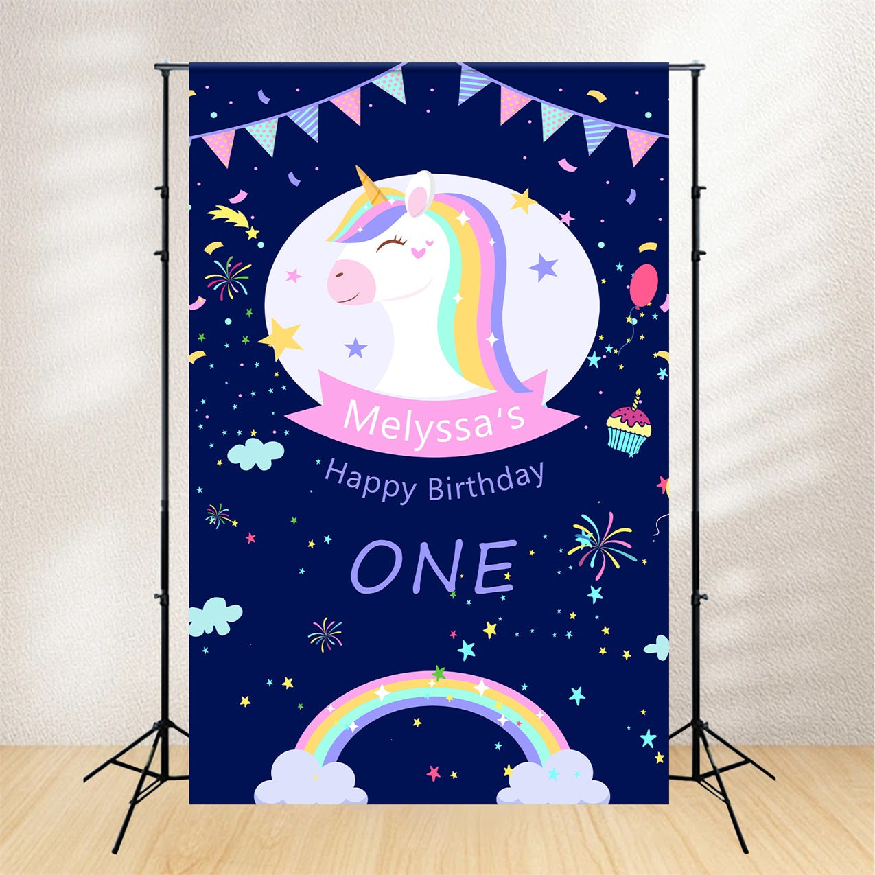 Personalised 1st Birthday Backdrop Rainbow Sparkle Unicorn Backdrop UK BRP2-113