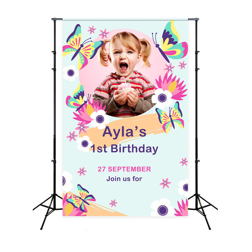 Personalised Backdrop For Birthday Floral Butterfly 1st Backdrop UK BRP2-121