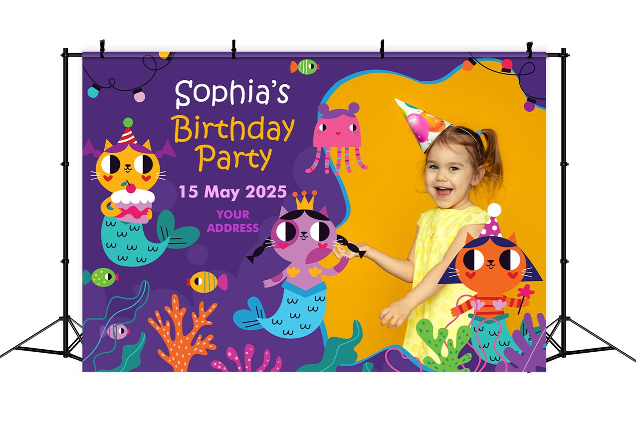 Birthday Backdrop Custom Cartoon Cat Mermaid Backdrop UK BRP2-124