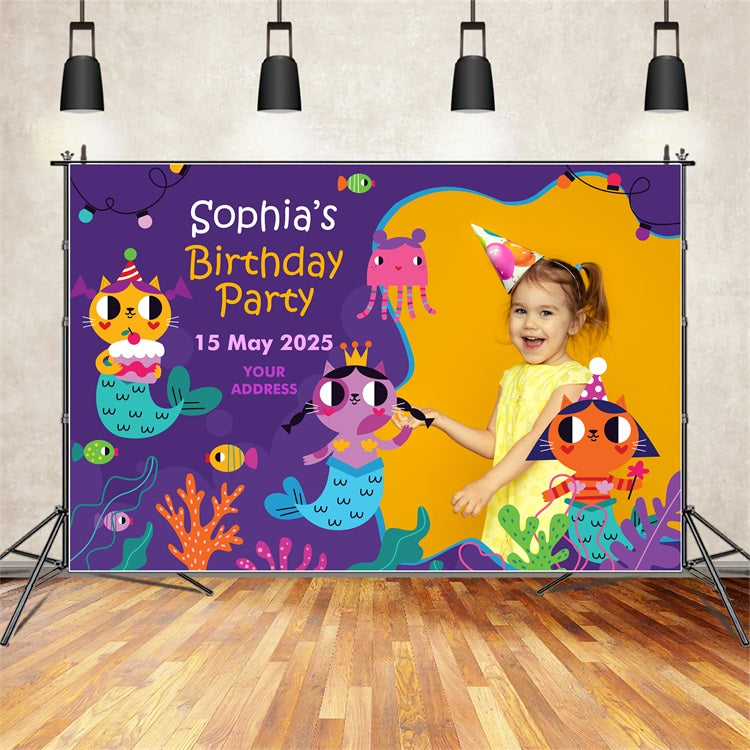 Birthday Backdrop Custom Cartoon Cat Mermaid Backdrop UK BRP2-124