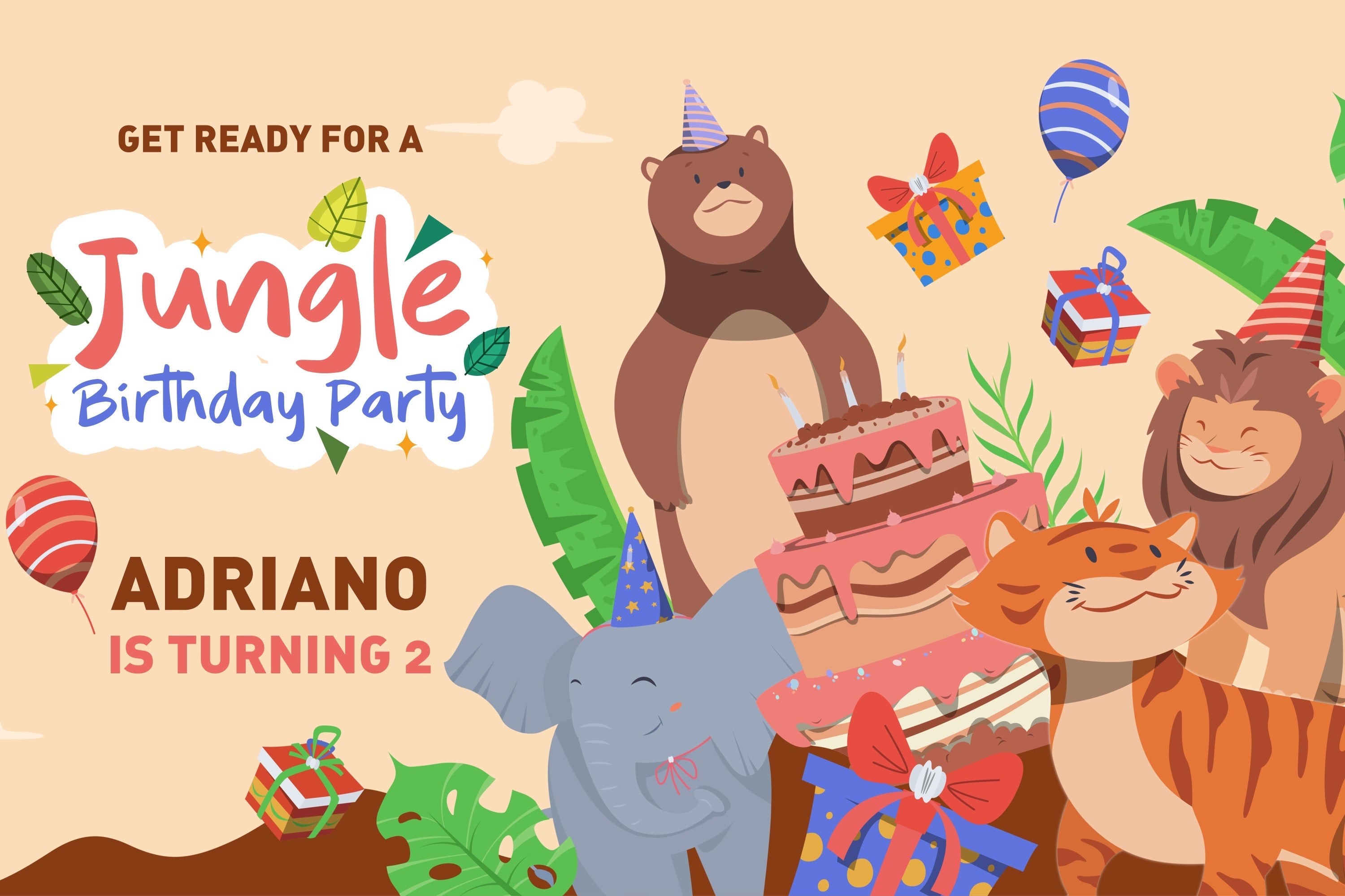 Customized Birthday Backdrop 2nd Jungle Party Animal Friends Backdrop UK BRP2-134