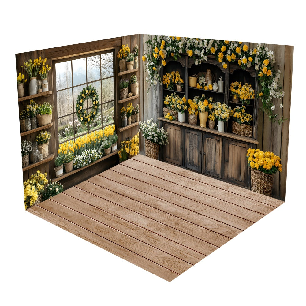 Cozy Wooden Cottage Flower Backdrop Room Set UK BRP2-14