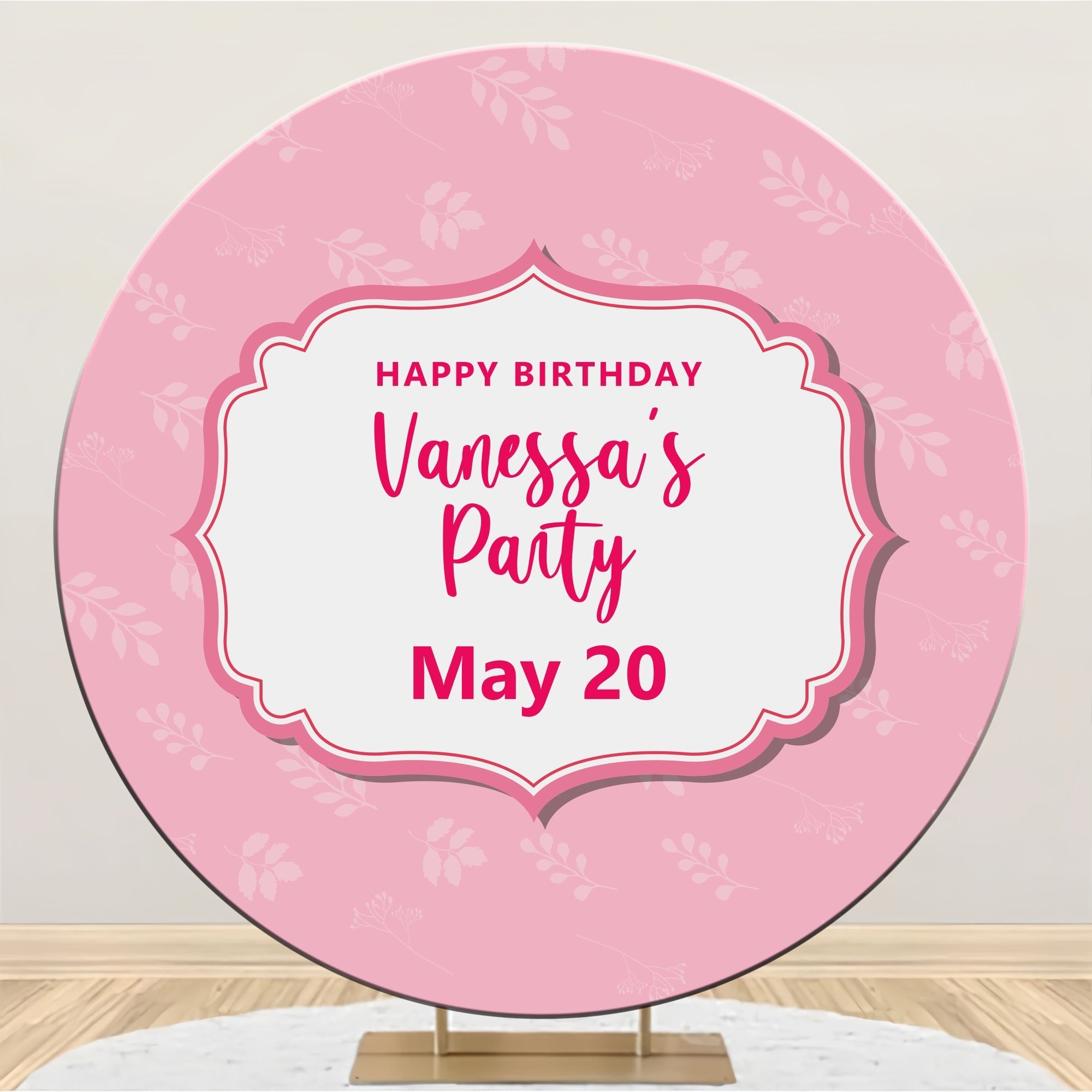 Personalised Backdrop For Birthday Pink Floral Frame Round Backdrop UK BRP2-185