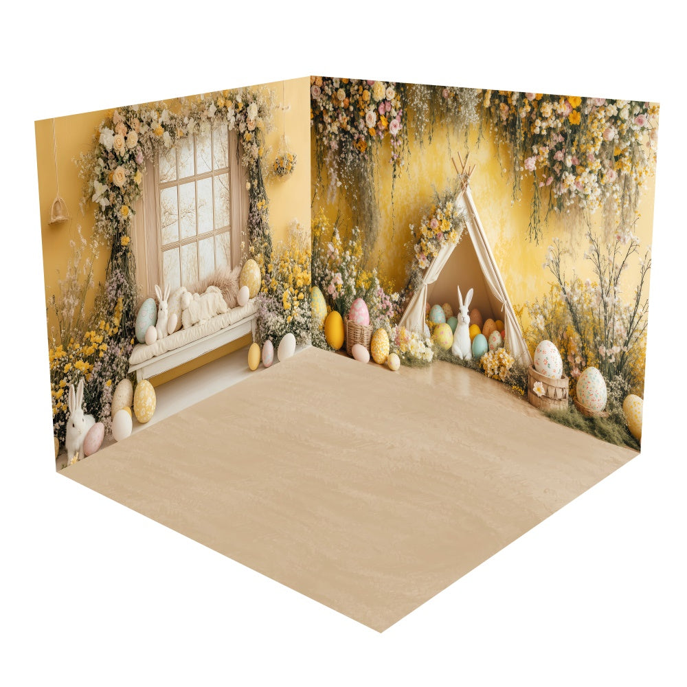 Soft Yellow Floral Bunny Cottage Backdrop Room Set UK BRP2-32