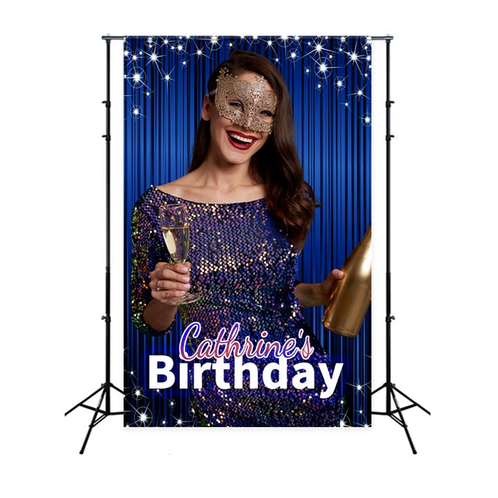 Personalized Birthday Backdrop Blue Sparkle Masquerade Backdrop UK BRP2-37