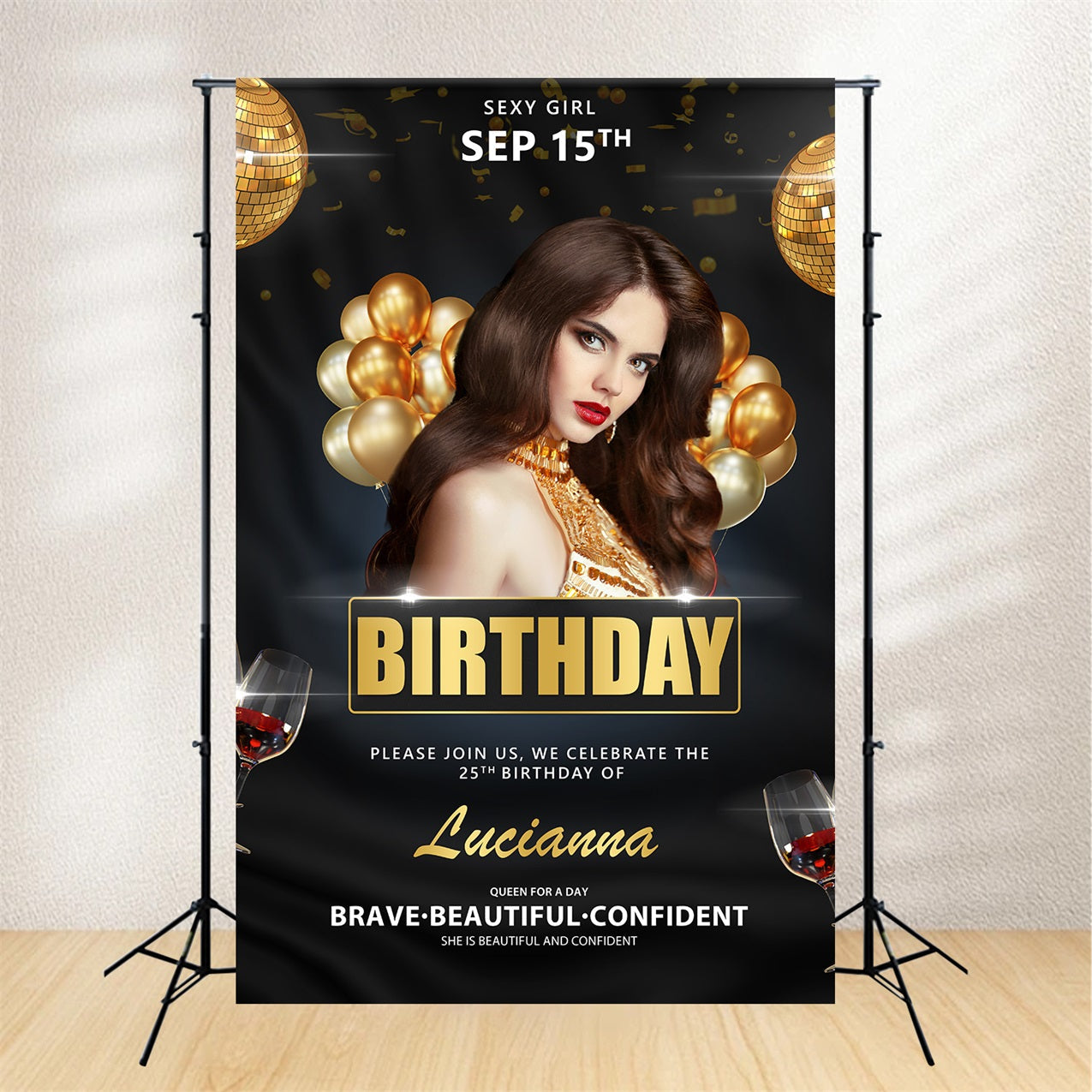 Custom Birthday Backdrops Black Gold Glam Balloon Backdrop UK BRP2-40