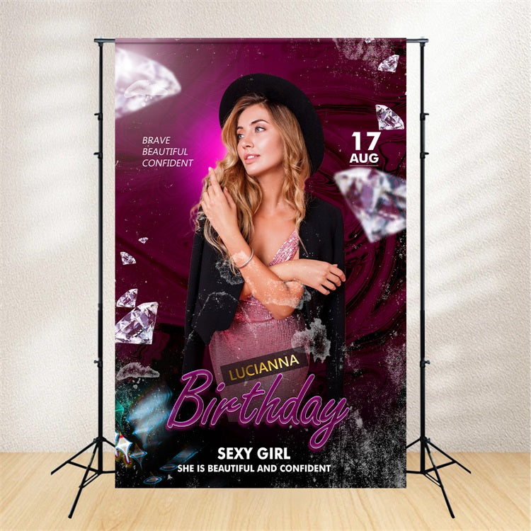 Personalized Birthday Photo Backdrop Burgundy Diamond Glam Backdrop UK BRP2-44