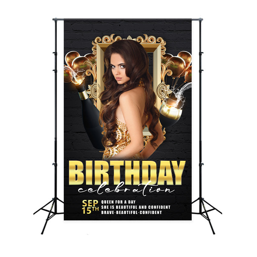 Customize Backdrop For Birthday Black Gold Champagne Balloon Backdrop UK BRP2-55