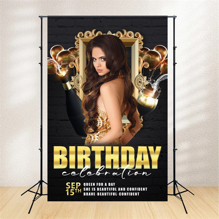 Customize Backdrop For Birthday Black Gold Champagne Balloon Backdrop UK BRP2-55