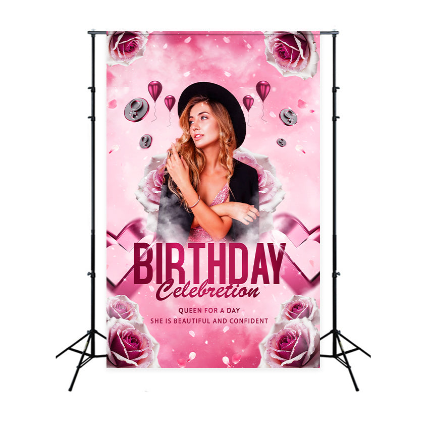 Custom Birthday Party Backdrop Pink Rose Balloons Celebration Backdrop UK BRP2-57